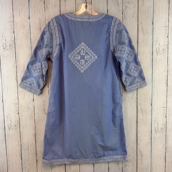 Gretchen Scott Blue/White Seersucker Odessa Tassel Tunic Shift Dress Size Small - Picture 8 of 13